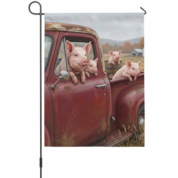 Farm Pig Animal Garden Flag 12 x 18 Inches, Vintage Red Truck Daisy Brown Tree House Weather Proof Outdoor Patio Flags Double Sided Small Garden Decoration for Yard Outside Home