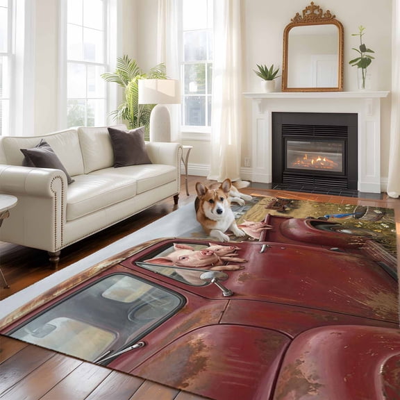 Farm Pig Animal Large Area Rugs 6x9 ft Vintage Red Truck Daisy Brown Tree House Washable Rug Non Slip Indoor Carpet Absorbent Floor Mat for Living Room Bedroom Dining Room