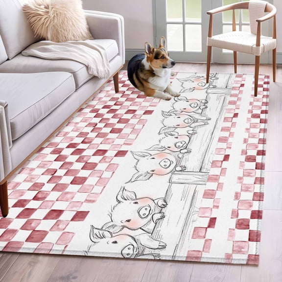 Farm Pig Area Rugs 3x5 ft Country Farmhouse Cute Pigs Abstract Red Checkered Plaid Washable Rug Non Slip Indoor Carpet Absorbent Floor Mat for Living Room Bedroom Dining Room