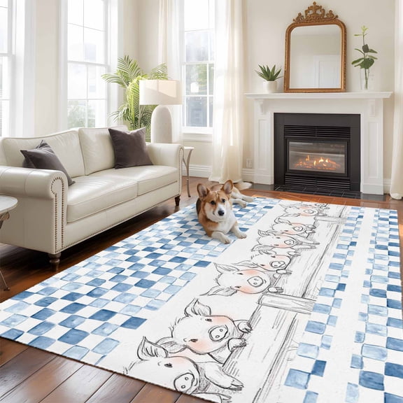 Farm Pig Area Rugs 5x7 ft Country Farmhouse Cute Pigs Abstract Blue Checkered Plaid Washable Rug Non Slip Indoor Carpet Absorbent Floor Mat for Living Room Bedroom Dining Room