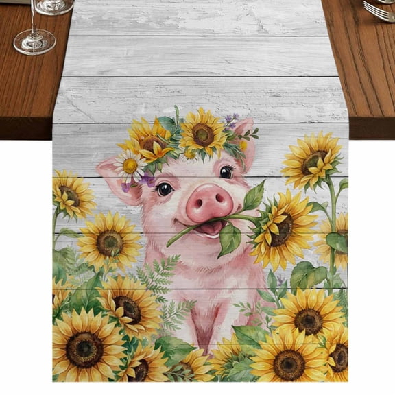 Farm Pig Burlap Cotton Table Runner 13x36 Inches Short, Country Sunflowers Rustic Animal Plants Grey Wooden Farmhouse Table Runners, Outdoor Dining Table Decor for Baby Shower/Party/Wedding