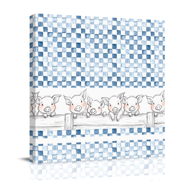 Farm Pig Canvas Wall Art for Living Room, Country Farmhouse Cute Pigs Abstract Blue Checkered Plaid Poster Print Painting for Bedroom Office Home Decoration Wall Pictures Prepare To Hang 8"x8"