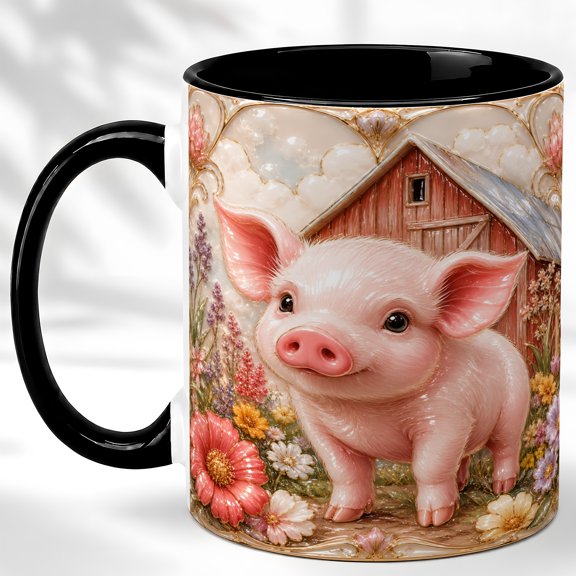 Farm Pig Coffee Mug, Floral Barnyard Mug, Ceramic 11 oz