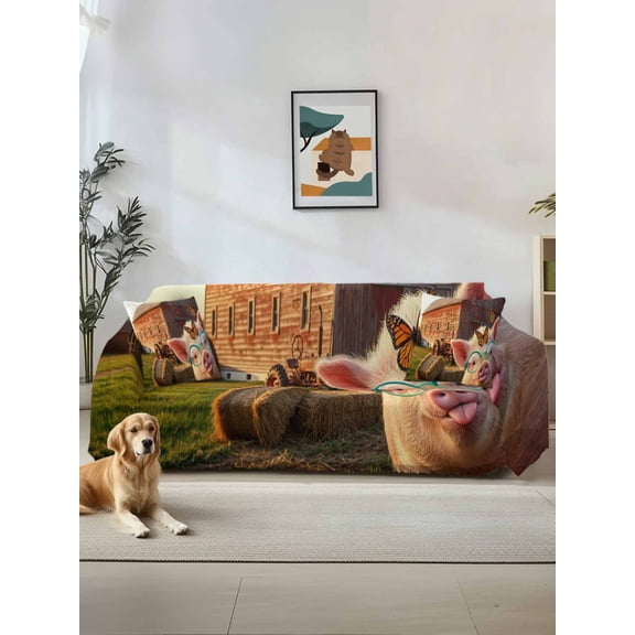 Farm Pig Couch Cover for Dogs, Farmhouse Barn Funny Animals Butterfly Washable Sofa Covers Slipcover for Pets Dogs Futon Cover, Couch Recliner Covers, Oversized Chair Slipcover 71"x91"