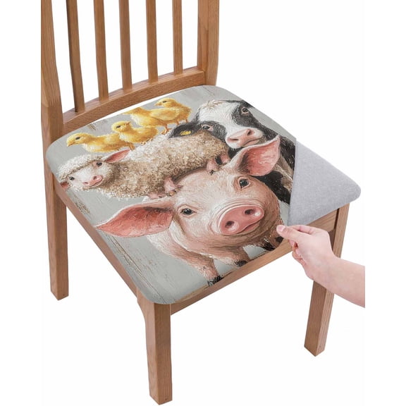 Farm Pig Cow Chair Seat Covers for Dining Room Stretch Chair Seat Covers Set of 2, Funny Cute Animals Chicken Oil Painting Chair Seat Protector Cushion Slipcovers for Kitchen Restaurant Office