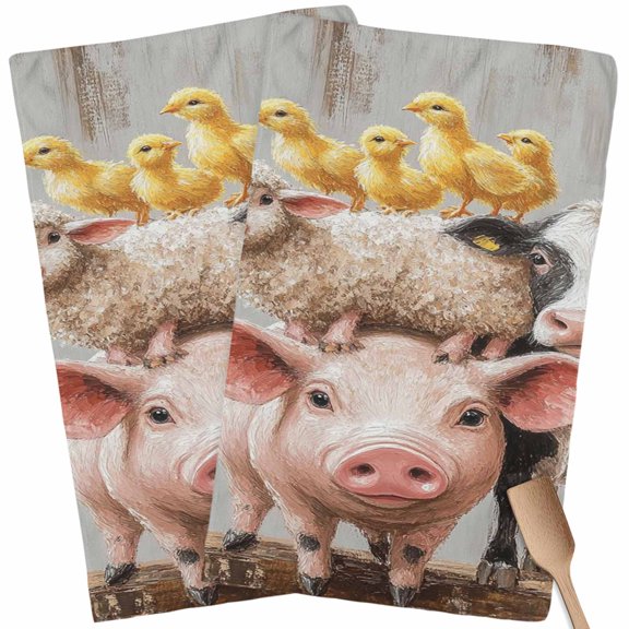 Farm Pig Cow Kitchen Towel Dish Cloths Set of 2, Microfiber Soft Kitchen Hand Towels, Funny Cute Animals Chicken Oil Painting Absorbent Quick Drying Dishcloths 18 x 28 Inches