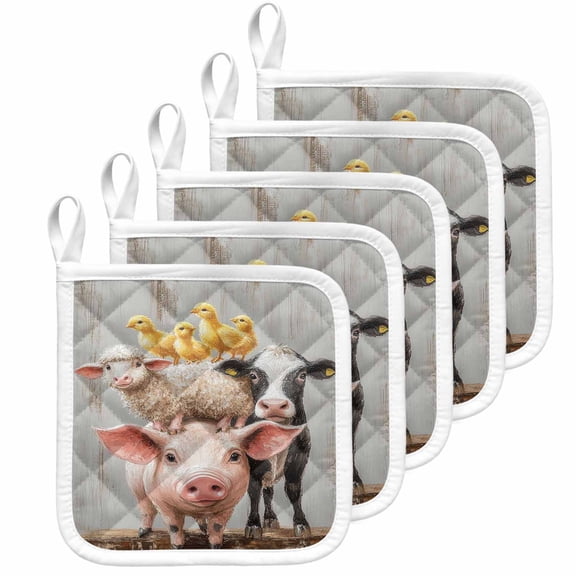 Farm Pig Cow Pot Holders for Kitchen Heatproof Potholder, 5 Pack Funny Cute Animals Chicken Oil Painting Hot Pads Multipurpose Oven Pads Cloth Potholders Trivet for Cooking Baking