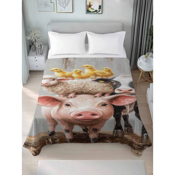 Farm Pig Cow Queen Size Flat Sheet, Wrinkleproof & Fadeproof Cooling Flat Bed Sheet Only, Funny Cute Animals Chicken Oil Painting Breathable Soft Bedding Top Sheets 90 x 102 Inches