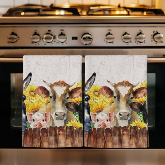 Farm Pig Cow Vintage Kitchen Towels Set of 2, Farmhouse Retro Sunflower Grey Absorbent Dish Towels for Kitchen, Microfiber Hand Towel, Quick Drying Tea Towel for Cleaning Decorative Dishcloths