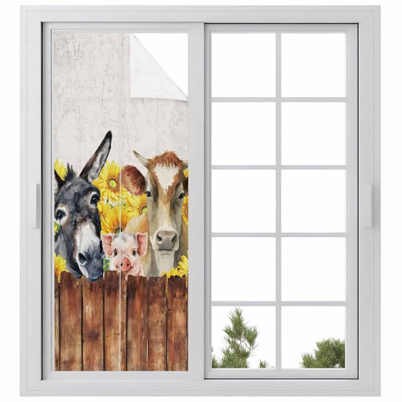 Farm Pig Cow Vintage Window Privacy Film, Farmhouse Retro Sunflower Grey Static Cling UV Sun Blocking Heat Control Window Tint Day and Night, Non-Adhesive One Way Windows Privacy Cover 23.6''x59''