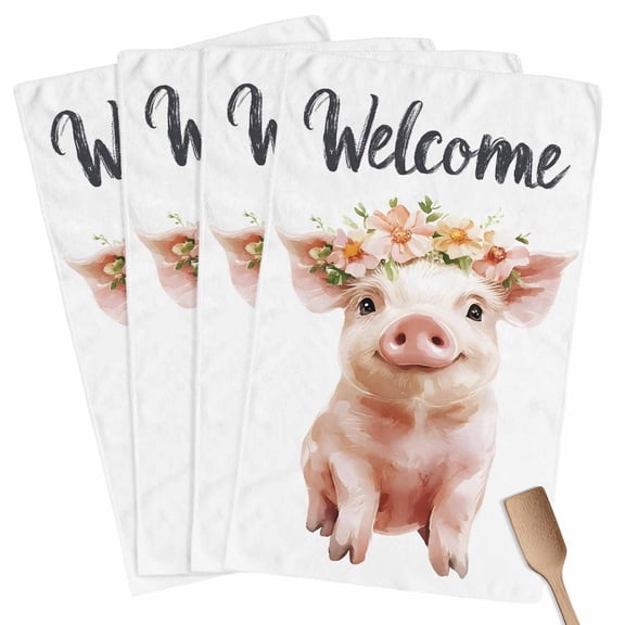 Farm Pig Flower Kitchen Towel Dish Cloths Set of 4, Microfiber Soft Kitchen Hand Towels, Wildflower Garden Motifs Floral Garland Absorbent Quick Drying Dishcloths 18 x 28 Inches