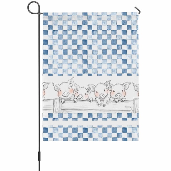 Farm Pig Garden Flag 12 x 18 Inches, Country Farmhouse Cute Pigs Abstract Blue Checkered Plaid Weather Proof Outdoor Patio Flags Double Sided Small Garden Decoration for Yard Outside Home