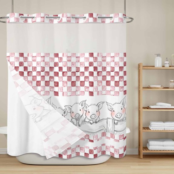 Farm Pig No Hook Shower Curtain with Snap in Liner, Country Farmhouse Cute Pigs Abstract Red Checkered Plaid Waterproof Shower Curtains with See Through Top Window Liner for Bathroom, 72x72 Inches