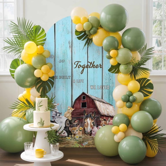 Farm Pig Horse Rabbit Barn Fence Wheat Arch Backdrop Cover Spandex Fitted Arch Cover 4FT,Arches Backdrop Stand Covers for Wedding Birthday Party Ceremony Banquet Decoration Vintage Blue Wood Board