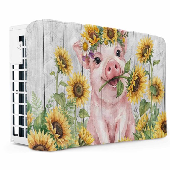 Farm Pig Indoor Air Conditioner Covers for Window Units, Country Sunflowers Rustic Plants Grey Wooden AC Cover for Inside, Adjustable Waterproof Wall AC Cover Protector 17" x 13" x 3.5"