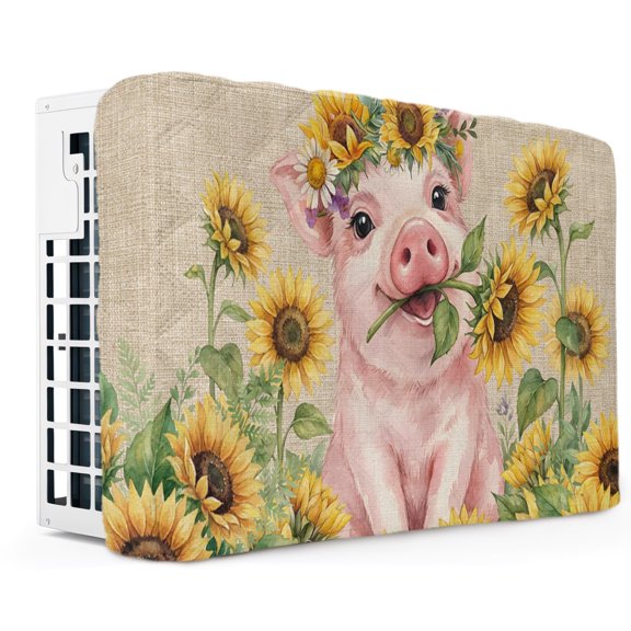 Farm Pig Indoor Air Conditioner Covers for Window Units, Country Sunflowers Rustic Plants Retro Brown AC Cover for Inside, Adjustable Waterproof Wall AC Cover Protector 25" x 18" x 3.5"
