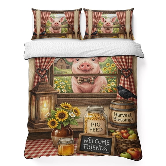 Farm Pig King Quilt Bedding Set, Farmhouse Pink Pig Barn Rustic Sunflowers Barn Rural Lightweight Comforter with 2 Pillow Shams Bedroom Bedspread Set Home Decor for All Seasons