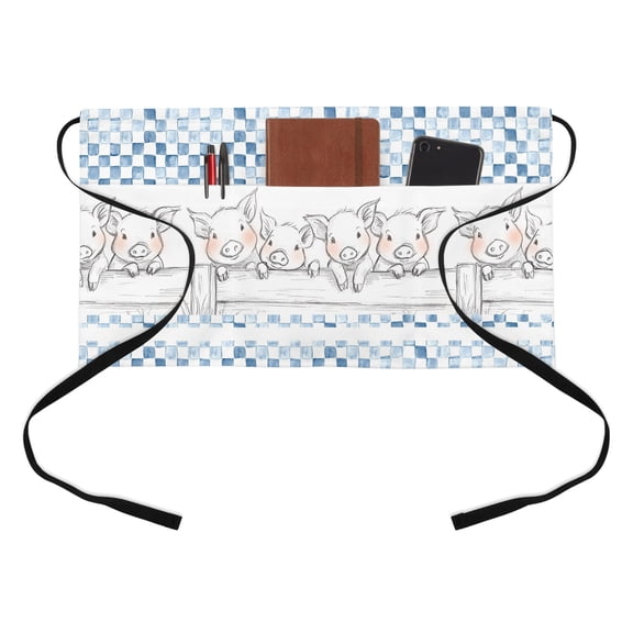 Farm Pig Kitchen Restaurant Half Waist Apron, Country Farmhouse Cute Pigs Abstract Blue Checkered Plaid Server Short Apron with 3 Pockets Waterproof Oil Waist Aprons for Women Waitress Waiter
