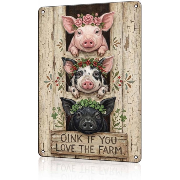 Farm Pig Metal Tin Sign, Rustic Farmhouse Kitchen Wall Decor, Animal Art Poster for Country Home, 8 x 12 Inch