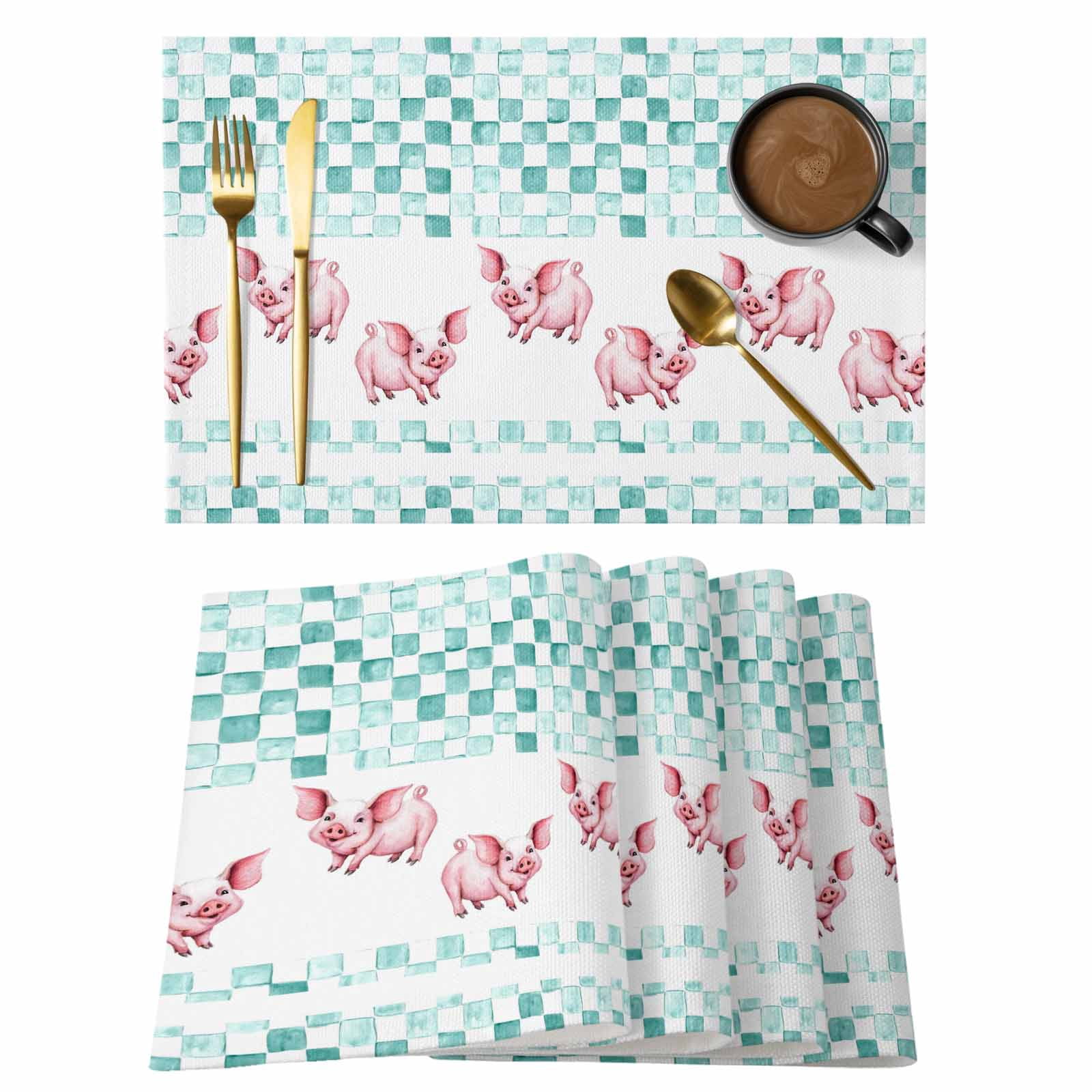 Pig Mat Table Farm Pig Placemats Set of 4, Country Farmhouse Cute Pigs Abstract Red ...