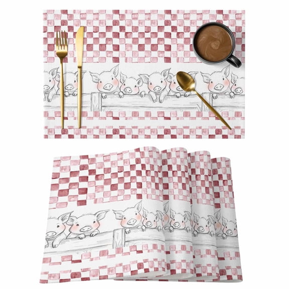Farm Pig Placemats Set of 8, Country Farmhouse Cute Pigs Abstract Blue Checkered Plaid Non-Slip Place Mats Washable Table Mats for Kitchen Dining Table Decorations Indoor/Outdoor