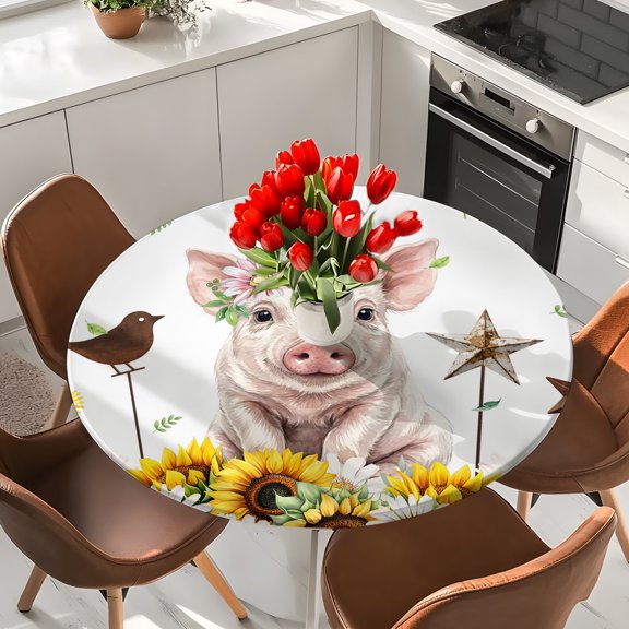 Farm Pig Retro Western Star Round Fitted Tablecloth with Elastic Edge,Waterproof Table Cloth Fits Tables Up to 36"-44",Wipeable Table Cover for Indoor Outdoor Dinning Party,Summer Sunflower Daisy