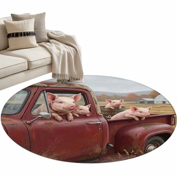 Farm Pig Round Rug 3.3ft Washable Circle Entryway Rugs Non Slip Country Pastoral Red Truck Animals Trees House Area Rug Indoor Floor Carpet for Bedroom Kitchen Living Room Office Dining Room Nursery