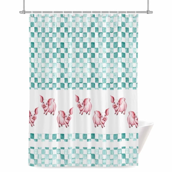 Farm Pig Shower Curtain, 72" x 72", Country Farmhouse Pigs Abstract Blue Checkered Plaid Waterproof Bathroom Curtain Washable Shower Curtain Set with 12 Hooks