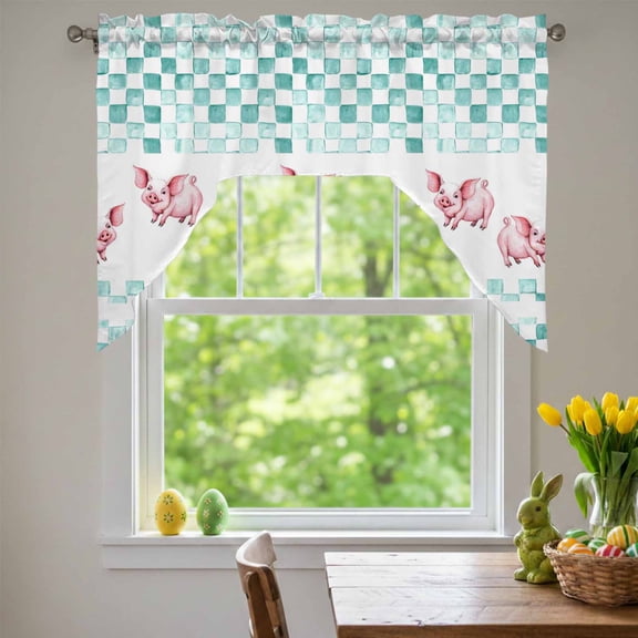 Farm Pig Swag Valances for Kitchen Window, Country Farmhouse Pigs Abstract Blue Checkered Plaid Small Swag Valances Rod Pocket Curtain Drapes Window Treatment for Bedroom Bathroom, 56x36 Inch