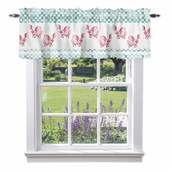 Farm Pig Valances for Windows Country Farmhouse Pigs Abstract Blue Checkered Plaid Rod Pocket Cafe Window Treatments Valance Curtains for Kitchen Bathroom Laundry Basement Windows 56"x16"