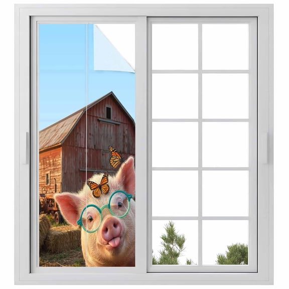 Farm Pig Window Privacy Film, Farmhouse Barn Funny Animals Butterfly Static Cling UV Sun Blocking Heat Control Window Tint Day and Night, Non-Adhesive One Way Windows Privacy Cover 23.6''x59''