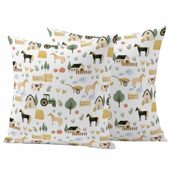 Farm Pillow Covers 2 Pack Farmhouse Cartoon Horse Cow Chicken Fence Truck Tree Leaf Pillowcase Waterproof Outdoor Throw Pillow Cover for Patio Garden Square Cushion 18”x18”