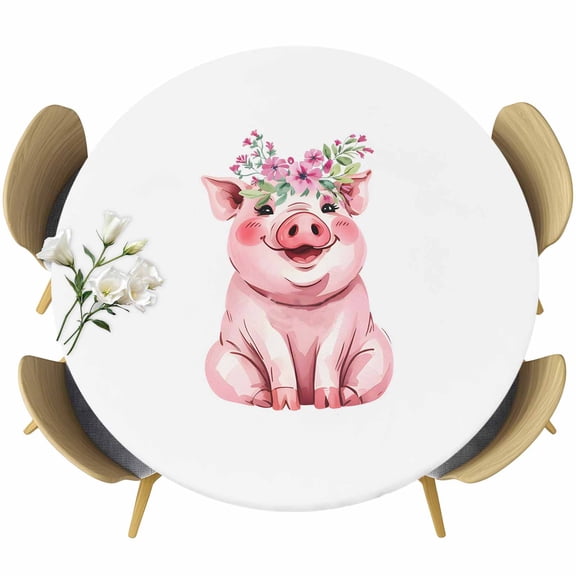Farm Pink Pig Flower Fitted Round Tablecloths Elastic Edged Table Covers 55"-60",Waterproof Table Cloth for Kitchen Holiday Party Tables Decor