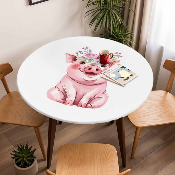 Farm Pink Pig Flower Round Fitted Tablecloth with Elastic Edge,Waterproof Table Cloth Fits Tables Up to 45"-54",Wipeable Washable Table Cover for Indoor Outdoor Dinning Party,Cute Animal