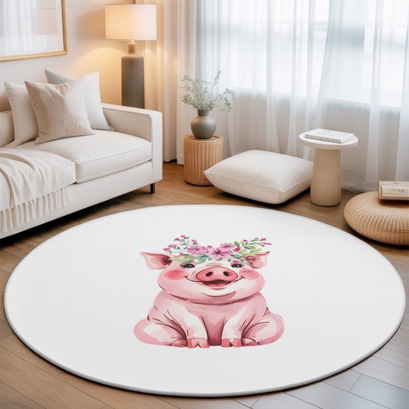 Farm Pink Pig Flower Round Rug 5ft Cute Animal Washable Area Rugs for Living Room Bedroom Entryway Non Slip Entrance Door Mat Indoor Floor Carpet