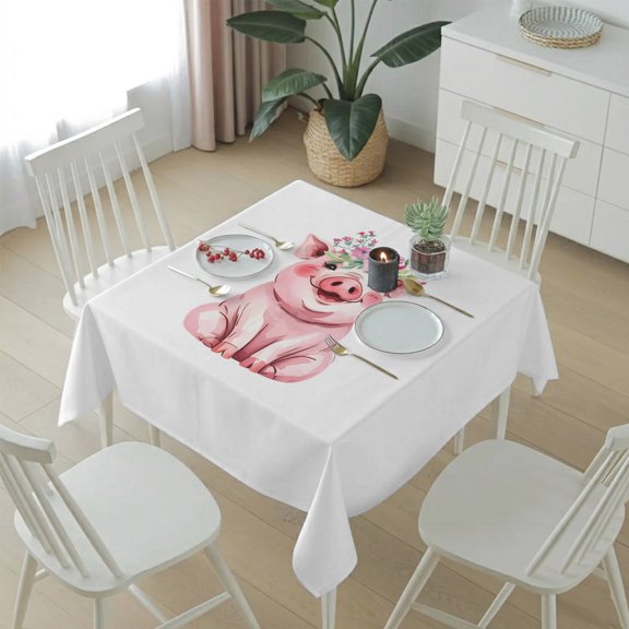 Farm Pink Pig Flower Table Cloth 54x54in, Waterproof Square Tablecloth Wipeable Tablecloths Cute Animal Table Covers for Dining Tables Party Indoor Outdoor