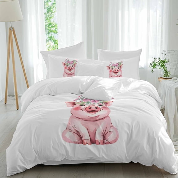 Farm Pink Pig Queen Size Comforter Set, Cute Animals Wearing Garlands Simple Art Bedding for All Seasons, 4 Pcs Bed Set, 1Quiltcover (90"x92") ,1Sheet(94"x116"), 2Pillowcases (30"x20")