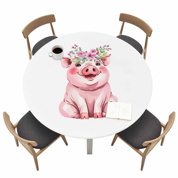 Farm Pink Pig Round Fitted Tablecloth with Elastic Edge Cute Animals Wearing Garlands Simple Art Table Cover Fit for 36"-44" Tables Waterproof Tablecloths for Dinner Camping Picnic