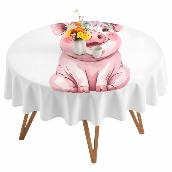 Farm Pink Pig Round Tablecloth 54 inches Cute Animals Wearing Garlands Simple Art Waterproof Oil-Proof Table Cloth Round Table Cover for Holiday Party Picnic Dinner Decor Indoor and Outdoor Use