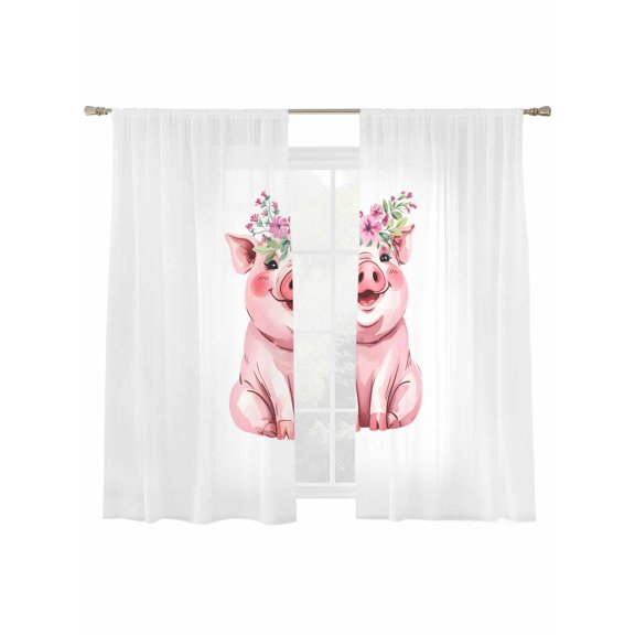 Farm Pink Pig Sheer Curtains 2 Panels Set Cute Animals Wearing Garlands Simple Art Sheer Window Curtains Light Filtering Rod Pocket Voile Drapes for Bedroom Living Room 52"x63"