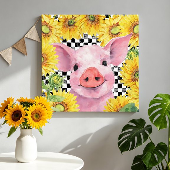 Farm Pink Pig Sunflower Canvas Wall Art, Country Farmhouse Yellow Flower Black Checkered Framed Canvas Wall Decor Picture Print Artwork Decorations for Living Room Office Ready to Hang 8" x 8"