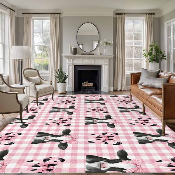 Farm Pink Plaid Cow 8'x10' Large Area Rug for Living Room Sectional Sofa, Country Watercolor Pink Bow Knot Cute Cow Non Slip Low Pile Rectangle Area Rug, Machine Washable Indoor Outdoor Mat
