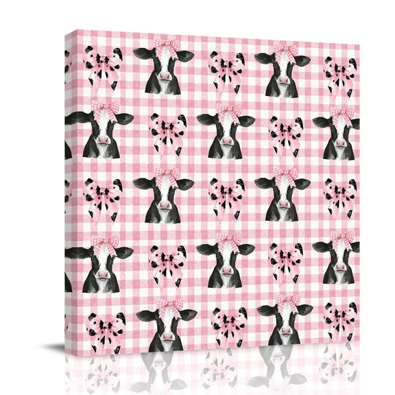 Farm Pink Plaid Cow Canvas Wall Art for Living Room, Country Watercolor Pink Bow Knot Cute Cow Poster Print Painting for Bedroom Office Home Decoration Wall Pictures Prepare To Hang 8"x8"