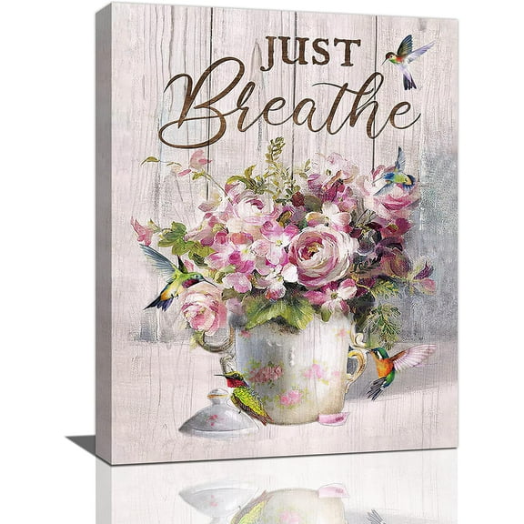 Farm Pink Rose Flower Bathroom Decor Wall Art Rustic Farmhouse Floral Hummingbird Just Breathe Pictures Wall Decor Canvas Painting Prints Artwork Home Decorations Framed for Bedroom Kitchen 12"x16"