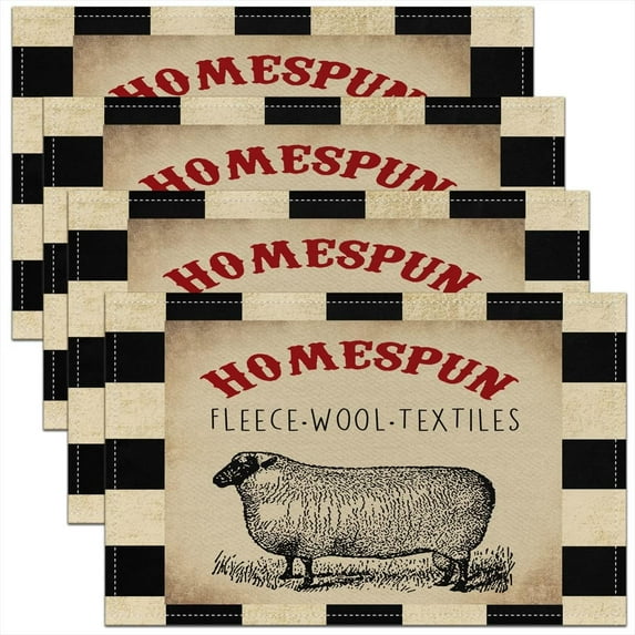 Farm Placemats 12"x18", Rustic Farmhouse Sheep Animal Table Place Mats Set of 4, Farm Western Buffalo Plaid Indoor Outdoor Kitchen Dinner Party Decor Table Mats