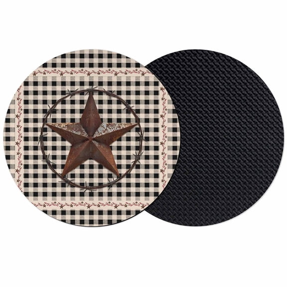 Farm Plaid Coasters Set of 2, West Texas Star Rustic Farmhouse Black Brown Absorbent Coasters for Drinks, Coaster for Bar Office Dining Coffee Table Accessories Decor, Non Slip Round Desk Coaster
