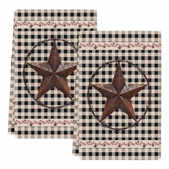 Farm Plaid Kitchen Towels Set of 2, West Texas Star Rustic Farmhouse Black Brown Soft Microfiber Dish Towels, Absorbent Quick-Dry Washable Dishcloths for Kitchen Cleaning, Drying Dishes, 18x28 Inches