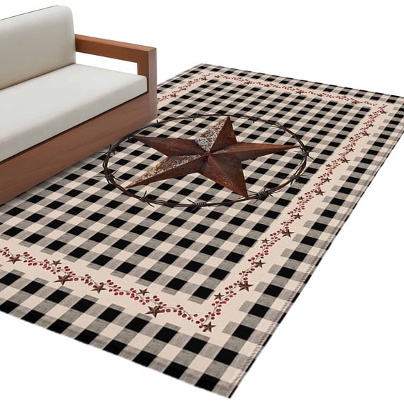 Farm Plaid Large Area Rugs for Bedroom Living Room, Soft Non Slip Carpet Bedside Rug, West Texas Star Rustic Farmhouse Black Brown Rectangle Floor Cover Kitchen Accent Rug 4'x6' for Office