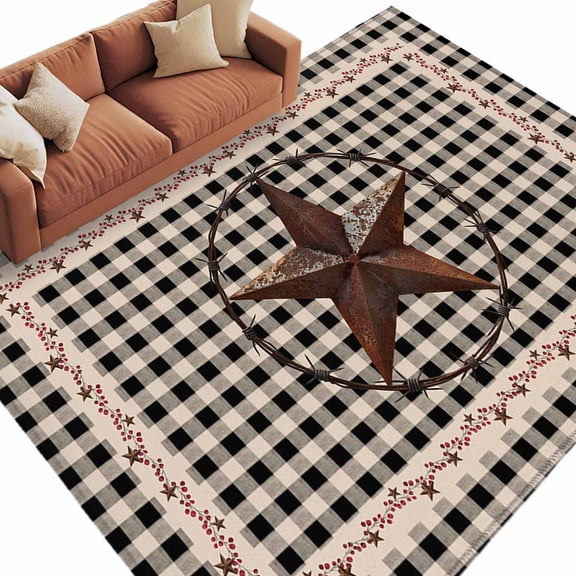Farm Plaid Large Area Rugs for Bedroom Living Room, Soft Non Slip Carpet Bedside Rug, West Texas Star Rustic Farmhouse Black Brown Rectangle Floor Cover Kitchen Accent Rug 6'x9' for Office