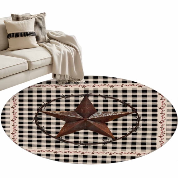 Farm Plaid Large Area Rugs for Bedroom Living Room, Soft Non Slip Carpet Bedside Rug, West Texas Star Rustic Farmhouse Black Brown Round Floor Cover Kitchen Accent Rug 3.3' for Dining Room/Office